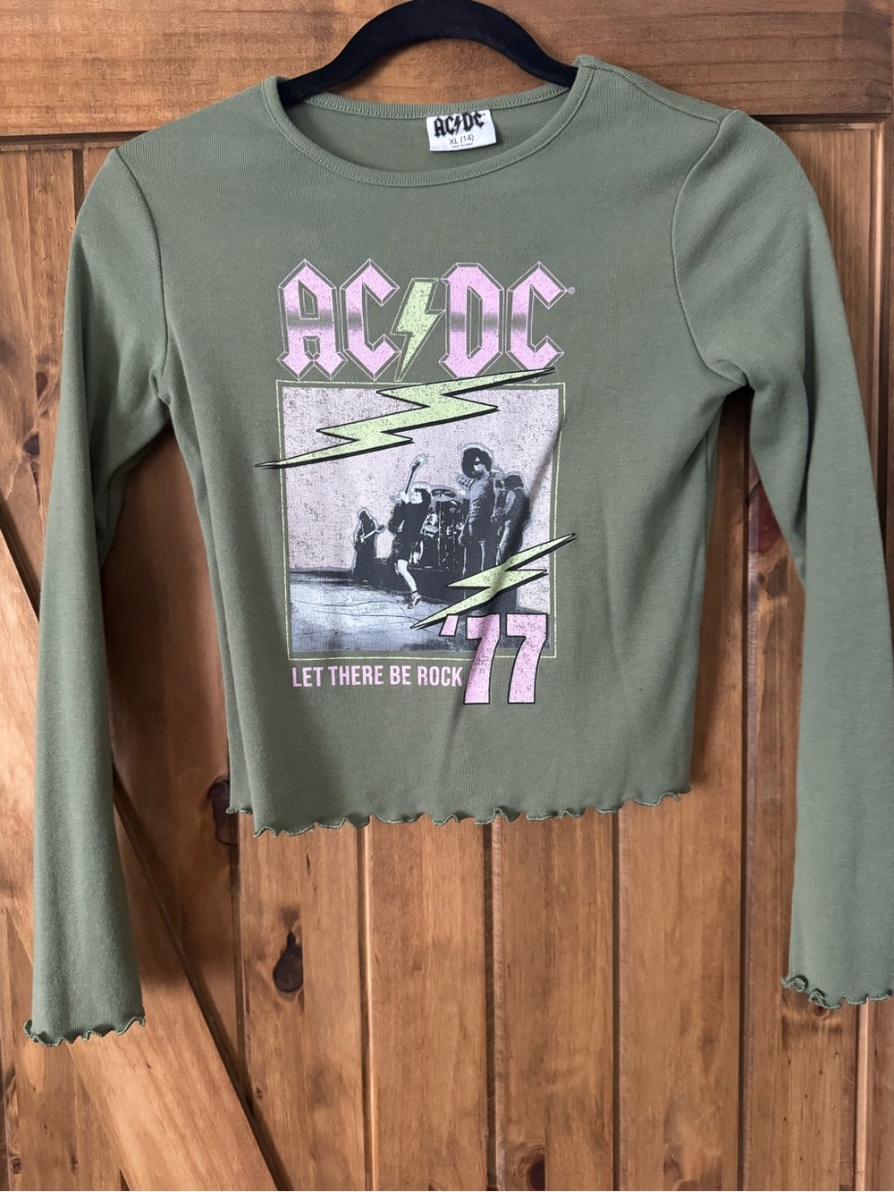 AC/DC Olive Green Long Sleeve Kids Tee with Pink & Yellow Graphic